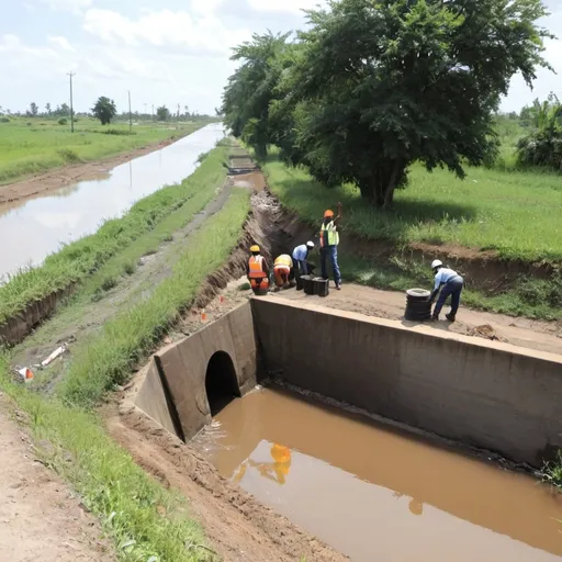 Prompt: Illustrate a scene where Titi Foundation personnel are inspecting a culvert in Bor, with a dike and water pump visible in the background, and a flood patrol boat nearby.
The scene should depict a sunny day with a few clouds, and the personnel should be wearing reflective vests and hard hats. The culvert should be shown with a slight overflow, and the dike should be visible in the background with a few trees on top.