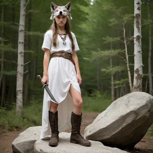 Prompt: Teenage girl wearing a wolf's skin on her head. Wearing a long full length white dress and leather boots standing with right foot on a rock with right knee bent and left leg on the ground. She has a hunting knife in her belt