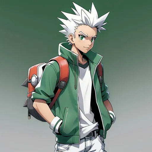 Prompt: A picture of a Pokemon Trainer.  He has silver spiked hair, reflecting his bold and energetic personality. He wears a green jacket with white stripes and rugged stitching details, giving it a worn, action-ready look. Underneath, he sports a royal emerald green T-shirt. His outfit includes white fingerless gloves, white-ish gray jeans, and dark green sneakers with white details, adding a modern and fresh touch. He has a subtle Team Aqua pendant, though it's hidden from view. Anime