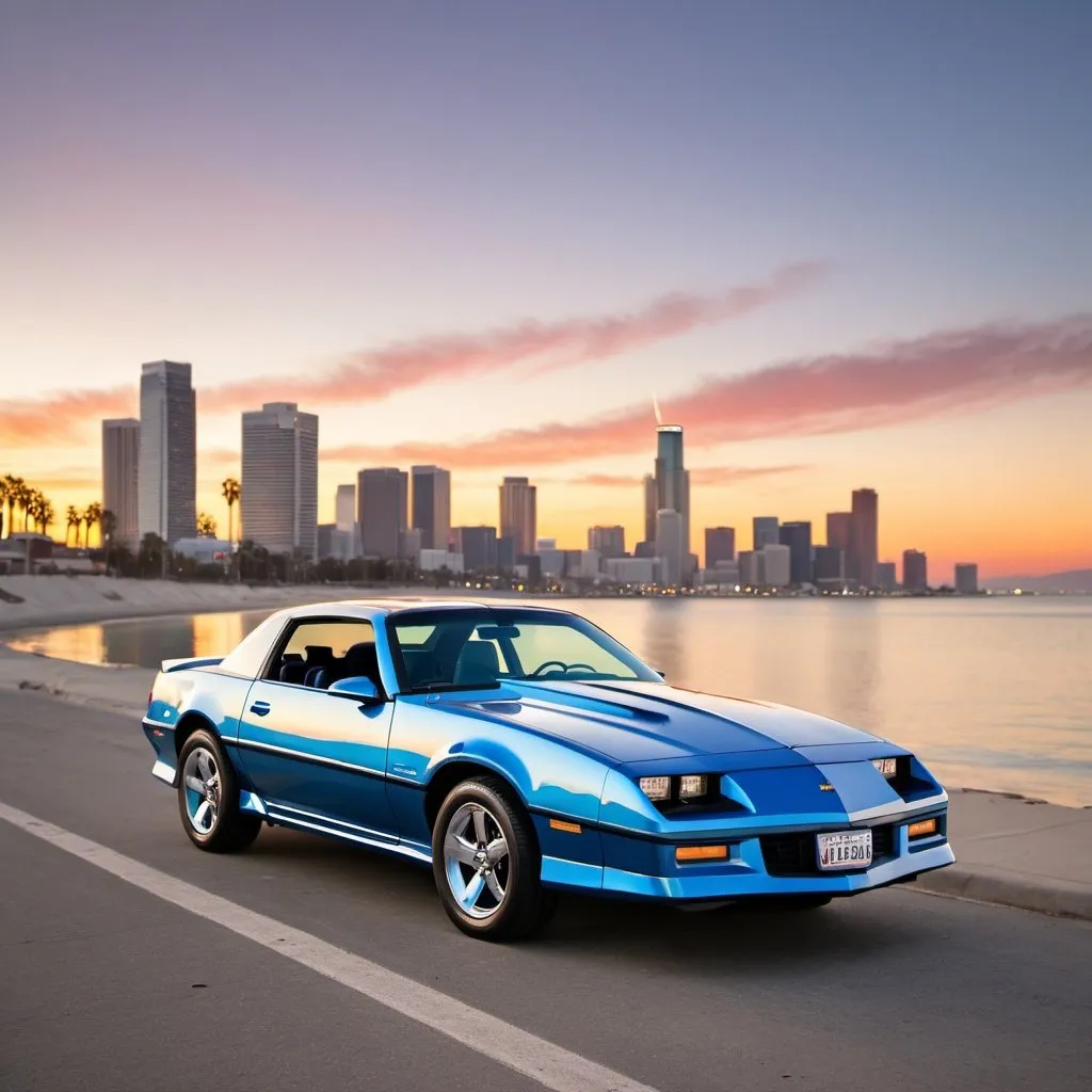 Prompt: Make a Los Angeles sunset water front background with a white and blue 1988 Chevrolet Camaro and make the car really far away from the camera