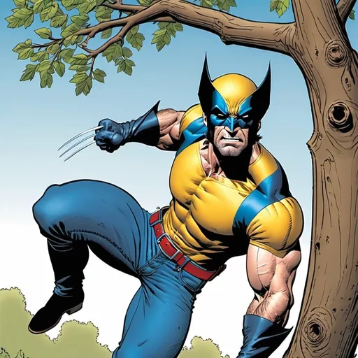 Prompt: Comic: wolverine hanging from a tree branch. backyard background. Yellow shirt with 2 blue stripes, red belt and blue jeans and black boots and his mask.