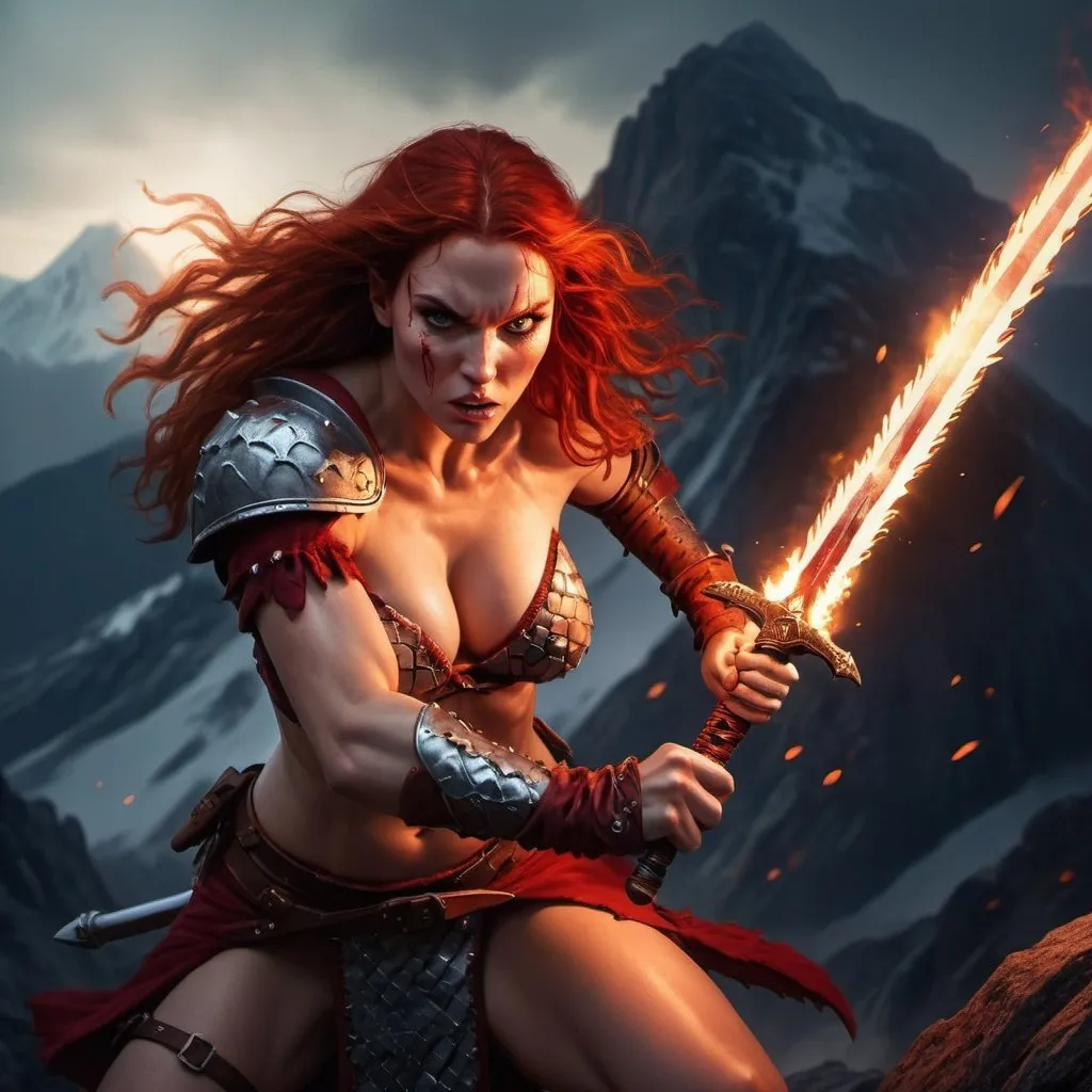 Prompt: hyper-realistic Red Sonja wielding a flaming sword,her eyes glowing red with rage,on a mountain at night, character, fantasy character art, illustration, dnd, warm tone