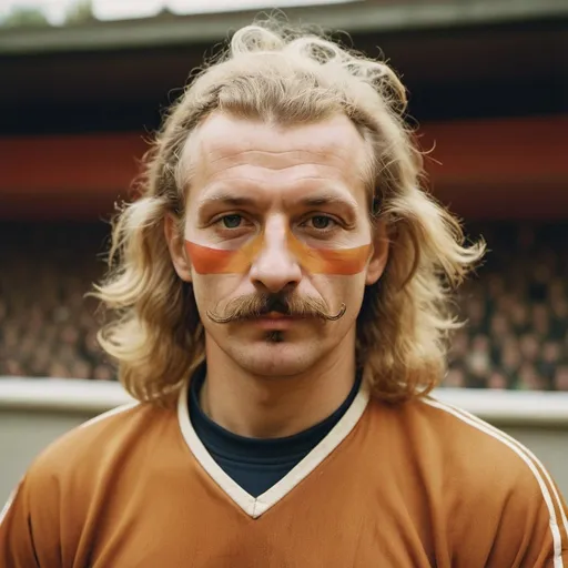 Prompt: Rembrandt painted, 70's football player,portrait ,long hair,handle bar moustache,painted, warm colours,wes anderson, editorial,side on, full body, west berlin, communisim. natural light,german,russian,wide shot,blonde hair, face paint, cinematic, bald, beards,
