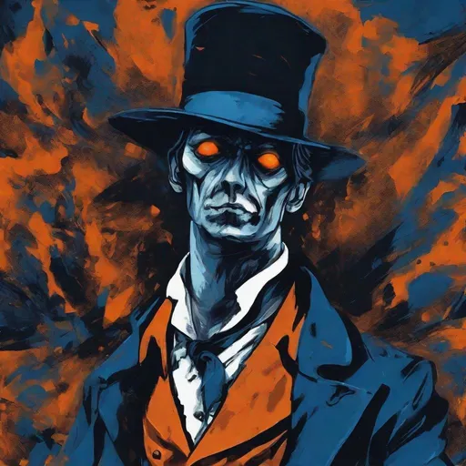 Prompt: Jack the Ripper the notorious killer, expressionism, dark orange blue, vibrant use light shadow
