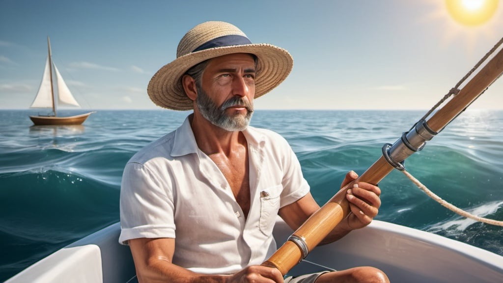 Prompt: photography realistic. a man sailing in the ocean using a bath tube and his shirt for a sail. its hat and the sun is in full bloom. the man is sitting and fishing for food. 