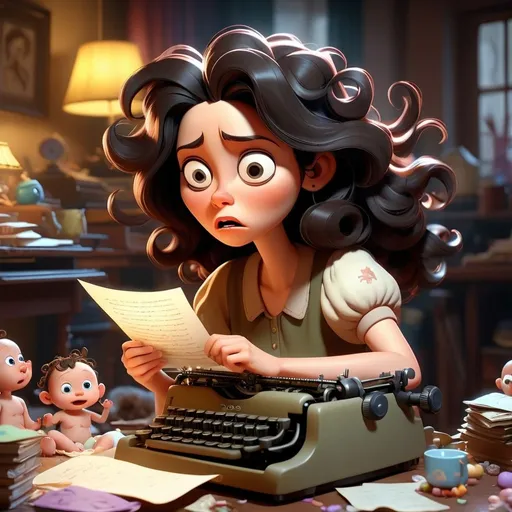 Prompt: a mother with dark hair, she is writing at the typewriter, she has teo babies around, her hair is a mess,and she is stressed in a mystical livingroom with cinematic lighting and warm tones, the theme is comedy for the scene, funny, chew sweets in her hair, 