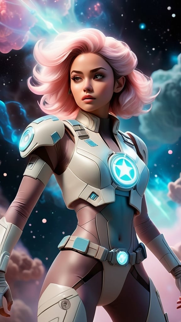 Prompt: Dreamy pastel portrait, a stunning beautiful warrior star ranger in ship around a nebula, cinematic lighting, action scene,white and blue space outfit, lots of cinematic flash lighting, lazer beams, smoke, lots of cybernectics and implants, cyberpunk, powered by stark industries arc reactor, , ethereal atmosphere, soft focus, full body shot 