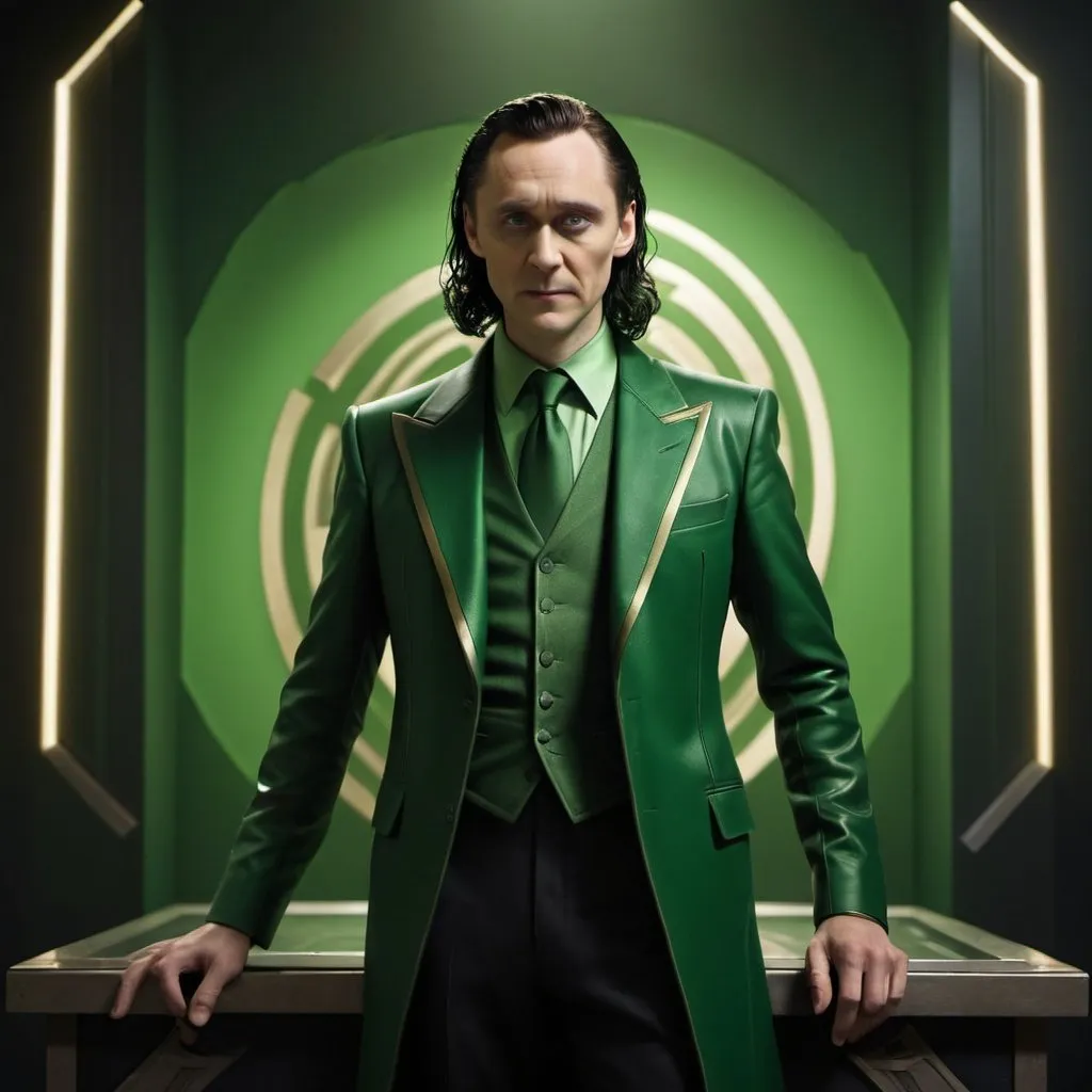 Prompt: loki in the tva standing and laugthing,cinematic lighting, studio lighting, art deco,
modernism,cubism,constructivism, photorealistic, green colour pallet. 