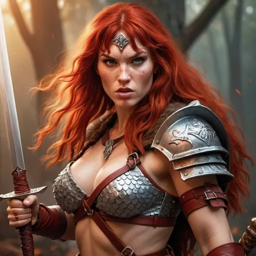 Prompt: hyper-realistic Red Sonja wielding sword, character, fantasy character art, illustration, dnd, warm tone