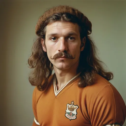 Prompt: Rembrandt, 70's football player,portrait ,long hair,handle bar moustache,painted, warmer colours wes anderson, half length, editorial,
side on, full body, 
