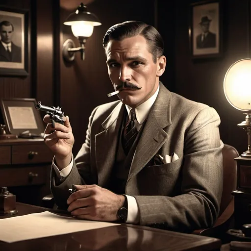Prompt: 1931 a detective sits in his office smoking and loading his gun, cinematic studio lighting, art deco style, photorealistic. the man wears a suite and tie and is of a strong build with strong features.