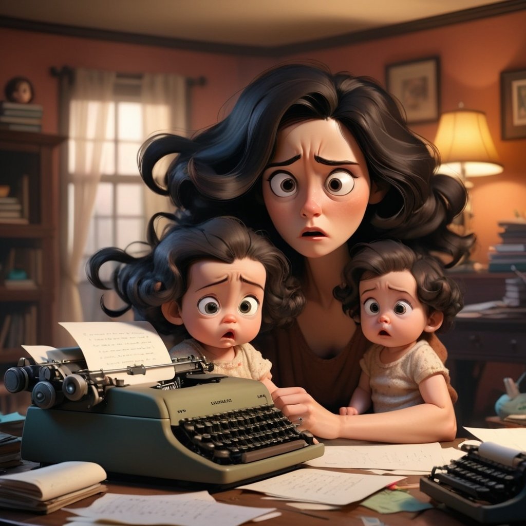 a mother with dark hair, she is writing at the typew...