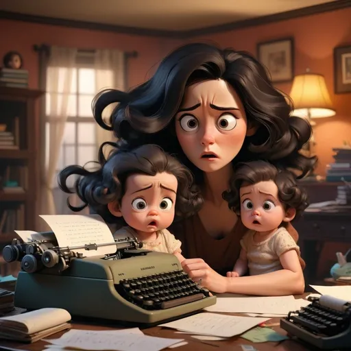 Prompt: a mother with dark hair, she is writing at the typewriter, she has teo babies around, her hair is a mess,and she is stressed in a mystical livingroom with cinematic lighting and warm tones, the theme is comedy for the scene, 