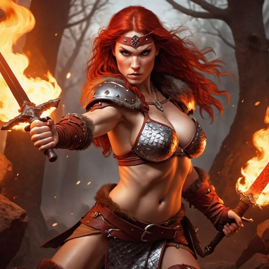 Prompt: hyper-realistic Red Sonja wielding two flaming swords, character, fantasy character art, illustration, dnd, warm tone