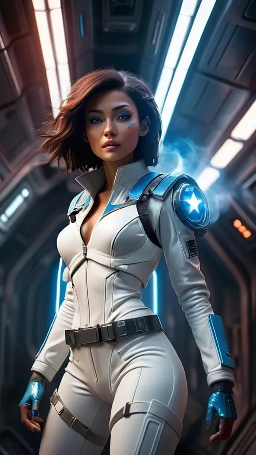 Prompt: a stunning beautiful star ranger in a dirty space ship around a nebula, cinematic lighting, action scene,white and blue space outfit, lots of cinematic flash lighting, lazer beams, smoke, lots of cybernectics and implants, cyberpunk