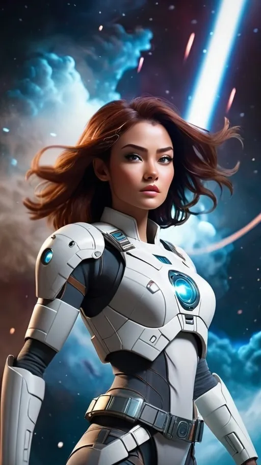 Prompt: a stunning beautiful warrior star ranger in ship around a nebula, cinematic lighting, action scene,white and blue space outfit, lots of cinematic flash lighting, lazer beams, smoke, lots of cybernectics and implants, cyberpunk, powered by stark industries arc reactor, 