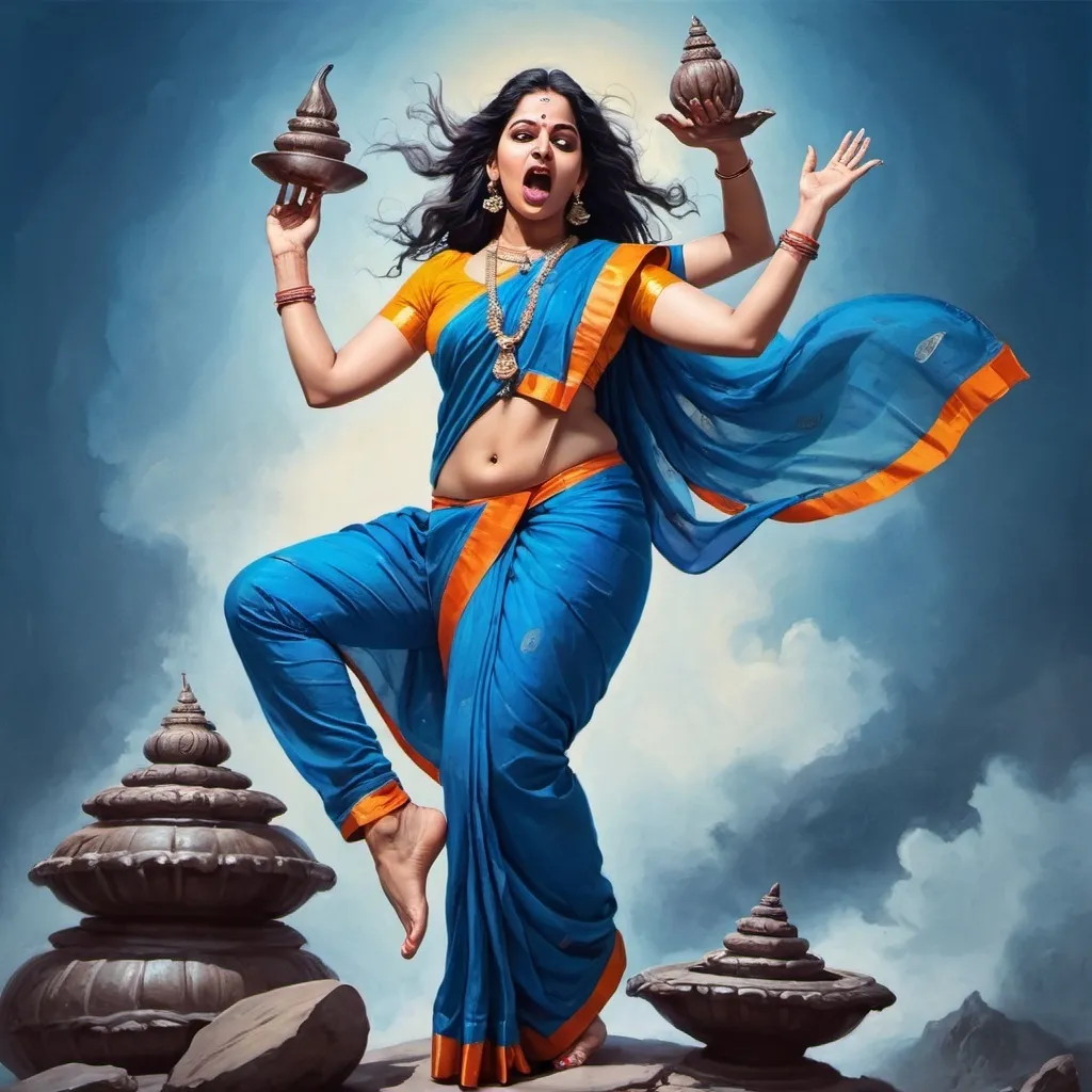 Prompt: A blue woman in saree with her tongue out stepping on top of Lord shiva
