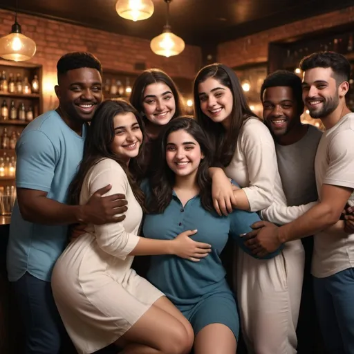 Prompt: curvy teen dark hair girl in shalwar snuggling with multiple black men while emnracing them in bar
full body photo 