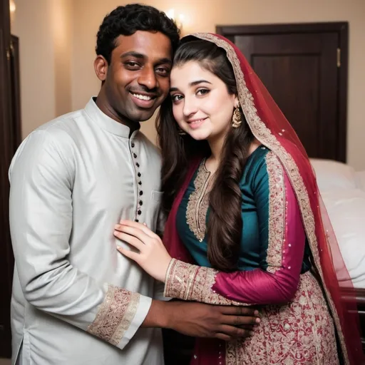 Prompt: curvy teen dark hair girl in shalwar kameez snuggling with a black man while emnracing him in her wedding 
full body photo from back