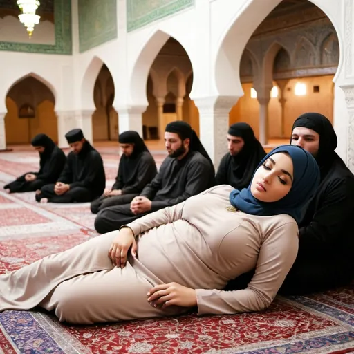 Prompt: a curvy hijabi teen girl  laying in mosque while multiple men grope her
