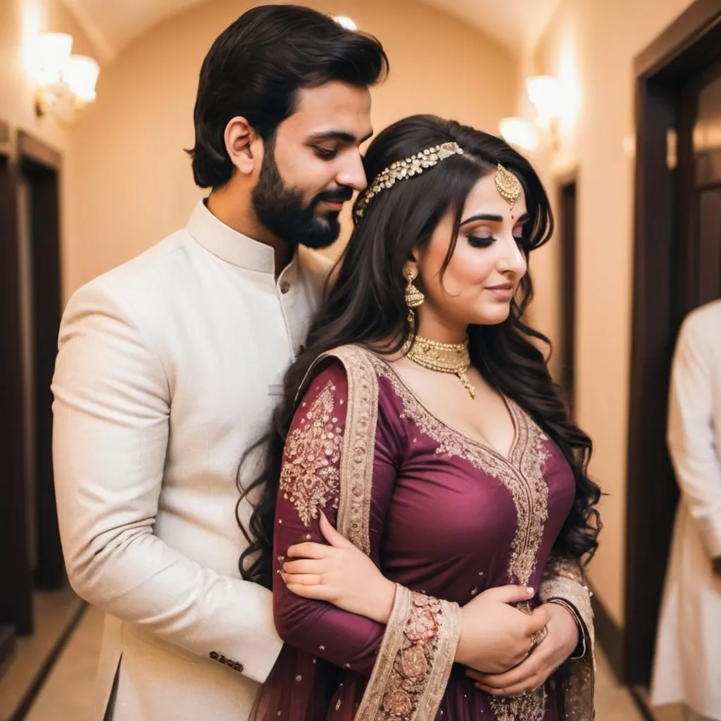 Prompt: curvy dark hair girl without shalwar kameez snuggling with a  man while emnracing him in her wedding 
full body photo from back