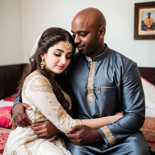 Prompt: curvy teen dark hair girl in shalwar snuggling with a black man while emnracing him in her wedding 
full body photo from back