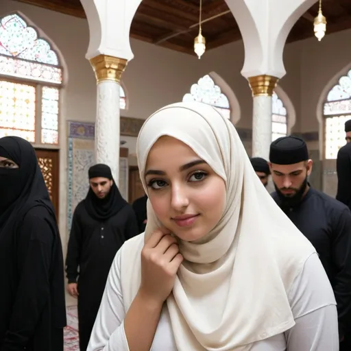 Prompt: a curvy hijabi teen girl  in mosque in no-clothes while multiple men grope her
