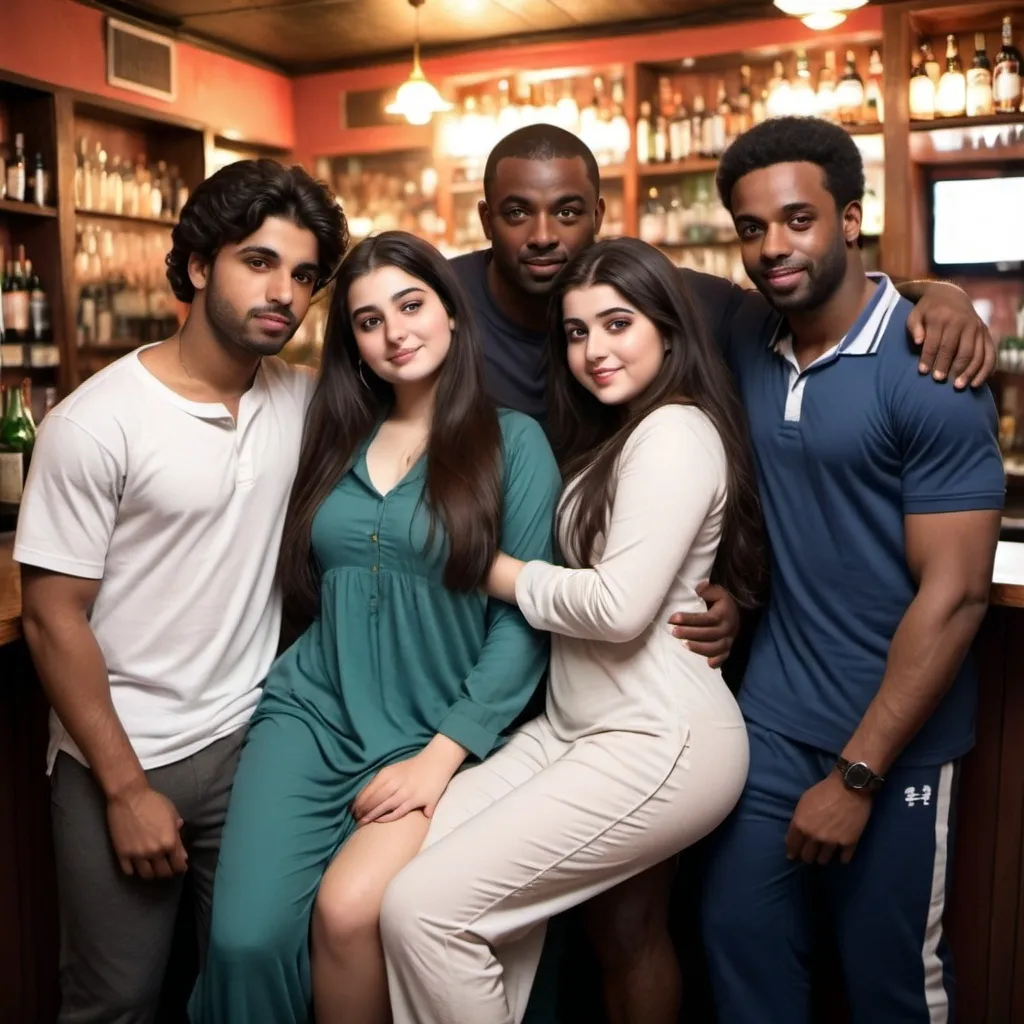 Prompt: curvy teen dark hair girl in shalwar snuggling with multiple black men while emnracing them in bar
full body photo 