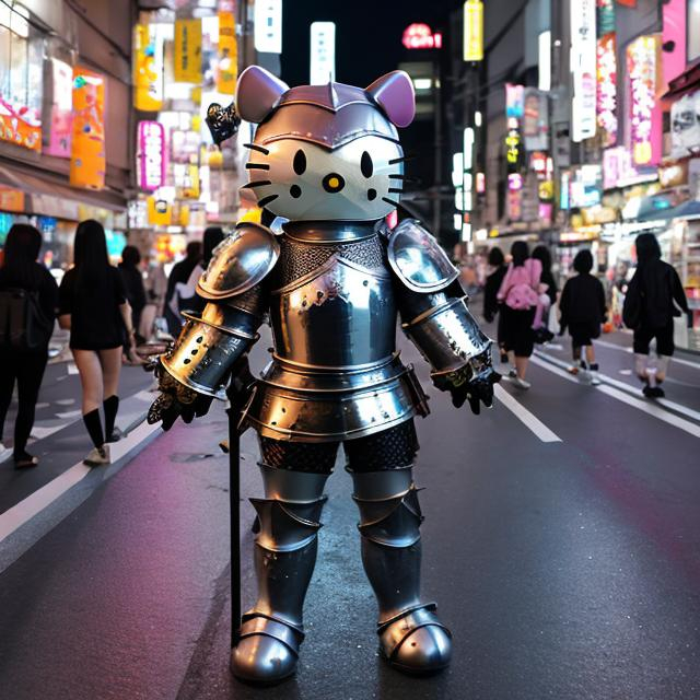 Prompt: Medieval knight hello kitty kawaii decora armor in the Tokyo street at night 