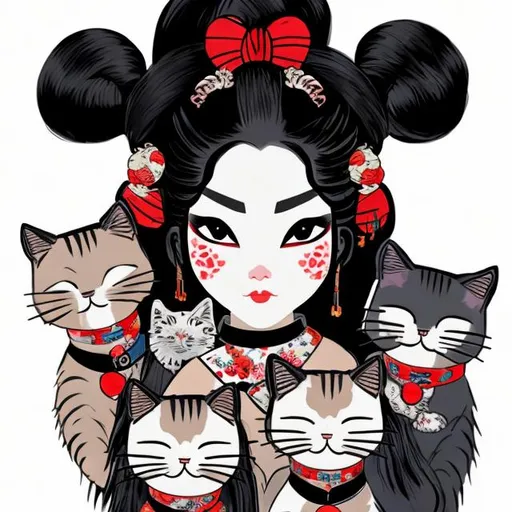 Prompt: Headshot of Geisha with hair made of cats. Her hair is made of cats and decorated with smaller cats.  She is wearing a choker 