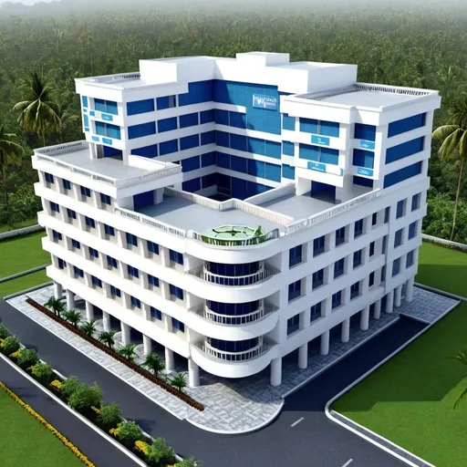 Prompt: I want a five storey hospital building. In today's architectural elegance. The hospital is to be built in Kerala. The area of the hospital should cover 3 acre including the landscape. It should be as real as possible, the generated image.