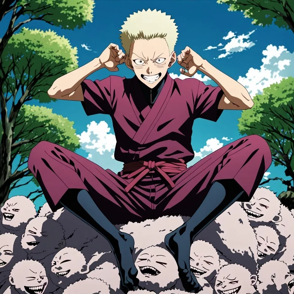 Prompt: Mahito from jujutsu kaisen, sukuna pose, sitting highly, looking down to viewer, laughing widely, sitting on a pile of bodys