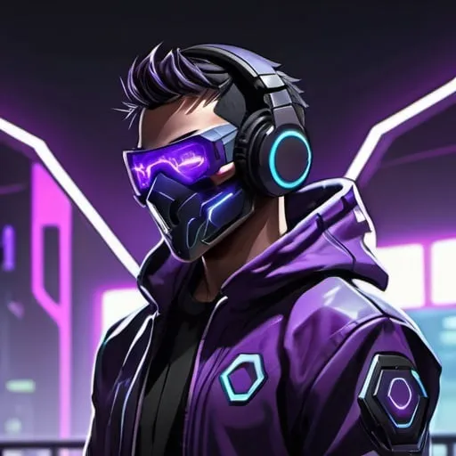 Prompt: Gaming profile illustration of a man (Nova) in black and purple, detailed gaming hoodie, gaming mask, headphones, gaming sign, futuristic cyber setting, neon purple and black tones, high-tech lighting, ultra-detailed, professional, gaming, futuristic, cyber, detailed clothing, atmospheric lighting. style:Anime 