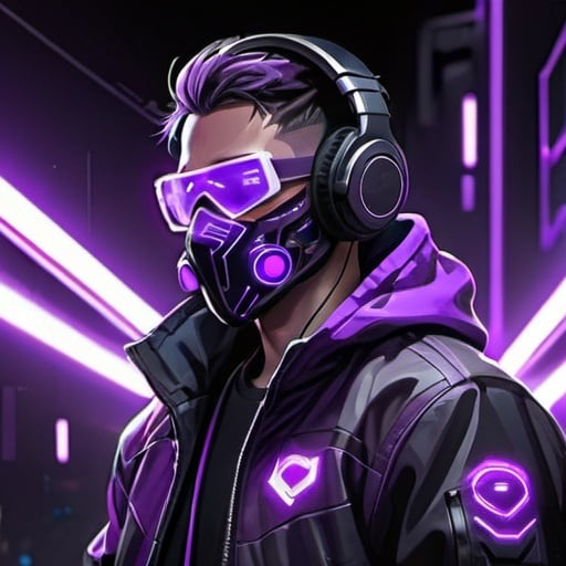 Prompt: Gaming profile illustration of a man (Nova) in black and purple, detailed gaming hoodie, gaming mask, headphones, gaming sign, futuristic cyber setting, neon purple and black tones, high-tech lighting, ultra-detailed, professional, gaming, futuristic, cyber, detailed clothing, atmospheric lighting. style:Anime 