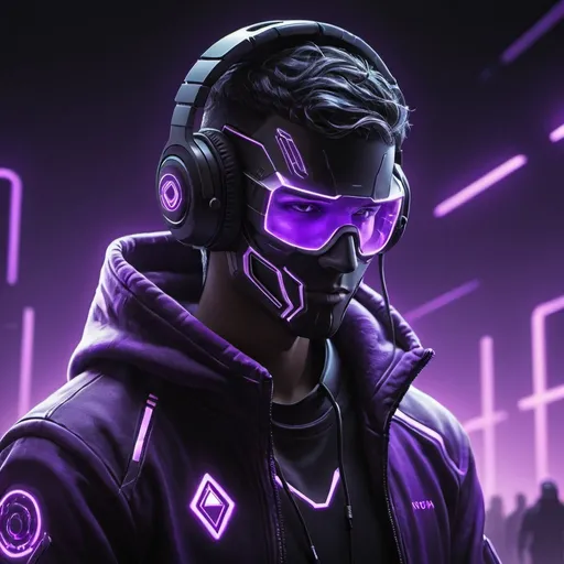 Prompt: Gaming profile illustration of a man (Nova) in black and purple, detailed gaming hoodie, gaming mask, headphones, gaming sign, futuristic cyber setting, neon purple and black tones, high-tech lighting, ultra-detailed, professional, gaming, futuristic, cyber, detailed clothing, atmospheric lighting