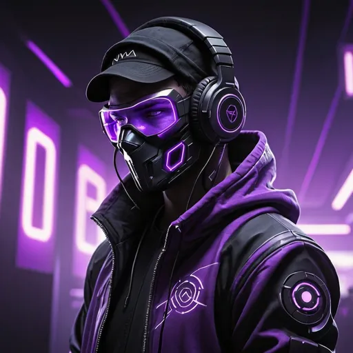 Prompt: Gaming profile illustration of a man (Nova) in black and purple, detailed gaming hoodie, gaming mask, headphones, gaming sign, futuristic cyber setting, neon purple and black tones, high-tech lighting, ultra-detailed, professional, gaming, futuristic, cyber, detailed clothing, atmospheric lighting
