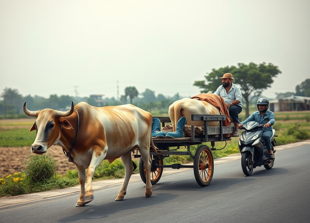 Prompt: a couple of cows are pulling a cart down the road with a man on it's back and a man on a motorcycle behind them, Basuki Abdullah, ecological art, dynamic composition, a silk screen