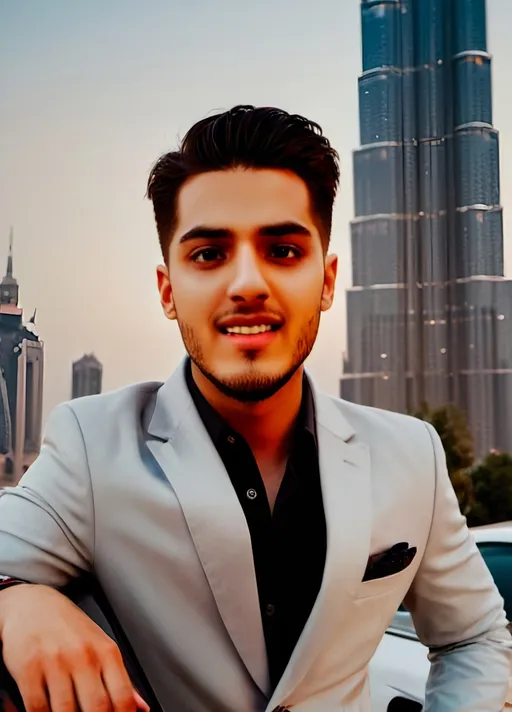 Prompt: (stylish man) next to a (BMW car), standing beside the majestic Burj Khalifa, photorealistic, ultra-detailed, vibrant colors, sharp contrasts, dynamic lighting, modern city backdrop, twilight with a glowing cityscape, luxurious atmosphere, high fashion attire, confident expression, professional photography quality, cinematic shot, high resolution, elegant urban scene, award-winning photo, captivating, magazine cover style, detailed textures and reflections, HD.