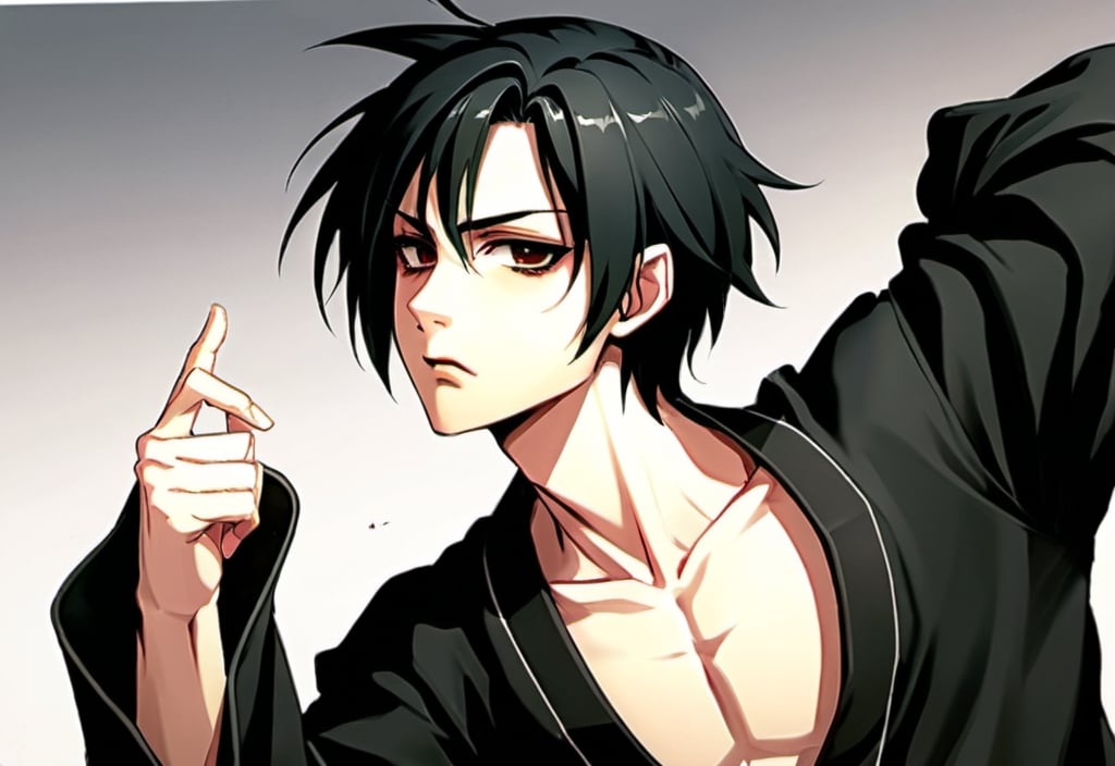 Prompt: a anime male Japanese martial-artist, very careless, too relaxed, black hair, 19 years old, black eyes, pale skin, long hair and wearing all black clothing.