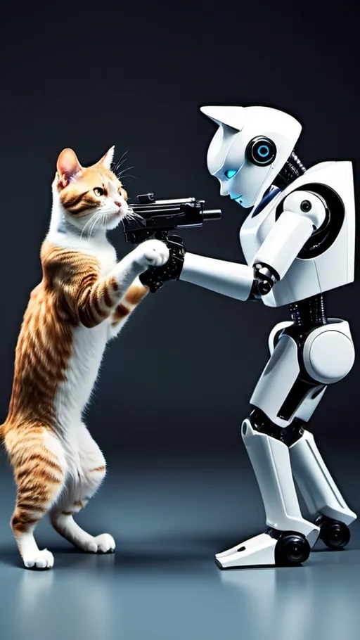 Prompt: Futuristic cat shooting a robot 