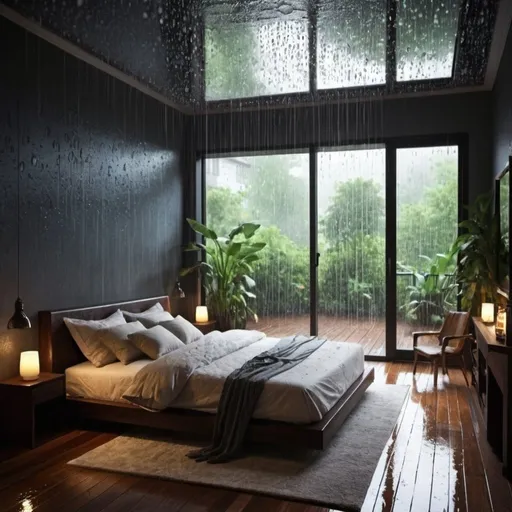 Prompt: Dream bedroom and rain effect 