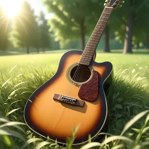 Prompt: (Guitar lying on soothing grass), warm natural tones, high detail, serene and tranquil atmosphere, sunlight dapples through leaves, soft shadows, lush green grass, photorealistic, ultra-detailed, gentle breeze, summer day, rich colors, slight lens flare, relaxed and peaceful ambiance, background: trees gently swaying, sharp focus on guitar, high-quality 4K.