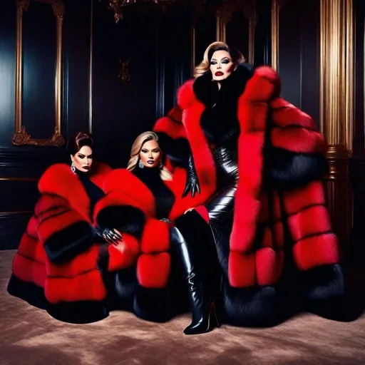 Prompt: 3 women in gigantic, unrealistically oversized, extremely large and fluffy fur coats: the worlds richest woman, a brutally evil, mature, high fashion warlord slaver mob boss standing tall, strutting over her 2 younger bimbo slave whores kneeling, crawling, beneath her, begging for her mercy on the floor below, very young, kneeling, captured, kidnapped bimbo sexslave sextoys crawling on all fours. human pets, subjugated, suppressed, below their owner, an evil, very old, very powerful, influential, mature, opulent, brutal, arrogant military oligarch slaver granny dominant, perverted, enslaving, prostituting her pathetic prisoner bimbos, standing over them. glamorous, slutty, unfathomably expensive, wealthy, wearing giant, heavy, bulky, very oversized, high fashion, luxury brand, luxury designer fashion fur coats with a very large fur collars and a giant, very long fox fur stolas, stoles and large fur cuffs and chunky, excessive jewelry, giant fur pantaloons and giant fur boots 