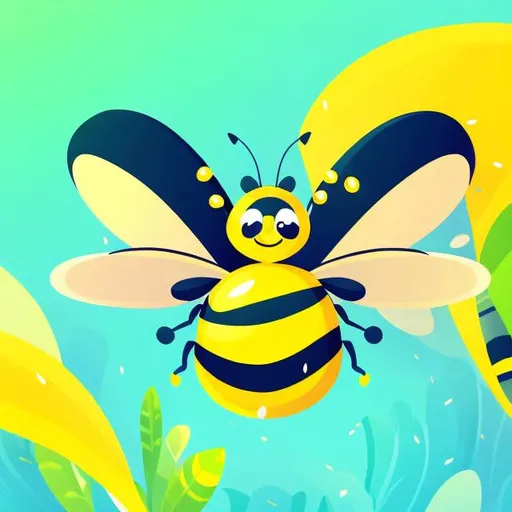 Prompt: Cartoon illustration of a cheerful bee, vibrant yellow and black colors, lush green meadow, friendly and cute expression, honeycomb background, soft and smooth lines, cartoon, vibrant colors, playful, cute, cheerful, detailed wings, simple design, high quality