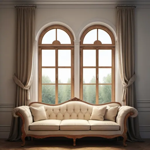 Prompt: realistic image of vintage classic windows on wall with classic sofa .