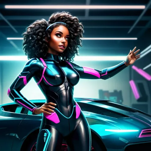 Prompt: An engineer, a dark-skinned girl, is clad in a full outfit with glowing black stripes of blue and pink. A heavy belt with illuminating tools hangs around her waist. Her boots match her suit. With an innocent face, V shaped jawline, and curly black hair held in place by tech-glasses, she gazes at her big project in the lab - an AI-programmed car. The car, black with glowing blue and pink lights, exudes modernity and slickness. Satisfied with her creation, a smile spreads across her face, symbolizing hard work, dedication, and passion for engineering. As she admires her creation, a sense of pride and accomplishment washes over her. This project was about pushing boundaries, exploring new technologies, and proving her excellence and innovation in a male-dominated field. The pulsating lights on the car make it seem alive and breathing, marking just the beginning of her journey filled with skills and determination.



