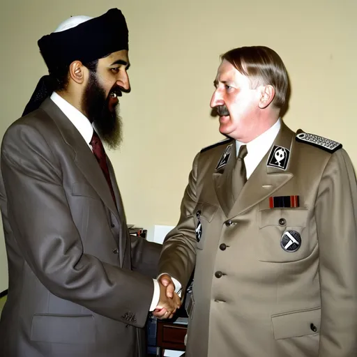 Prompt: Osama bin laden and Hitler shacking hand