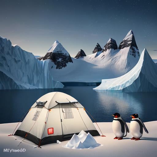 Prompt: <mymodel>High-res 3D rendering of adorable penguins camping on an iceberg, snowy landscape, cozy tents, snow-capped mountains in the background, detailed features, cartoonish style, cool tones, soft ambient lighting