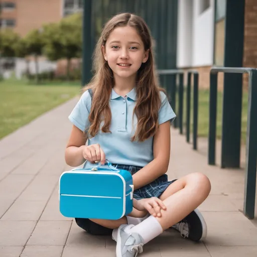 Prompt: girl sitting on a bench with a school lunchbox in front showing lunchbox 