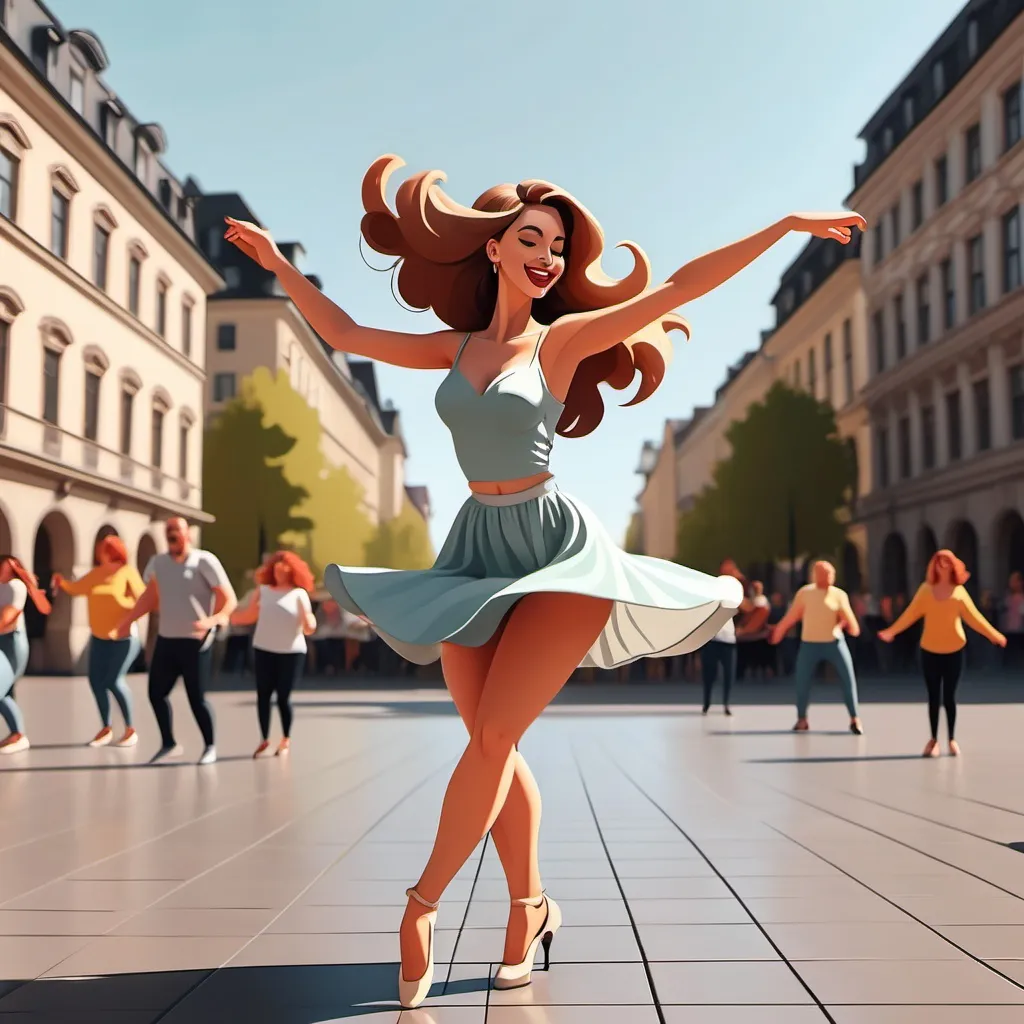 Prompt: In cartoon style Beautiful woman dancing on the public square